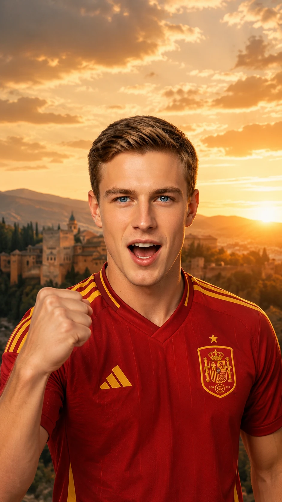 AI-generated Spain fan celebrating with fist pump in sunset