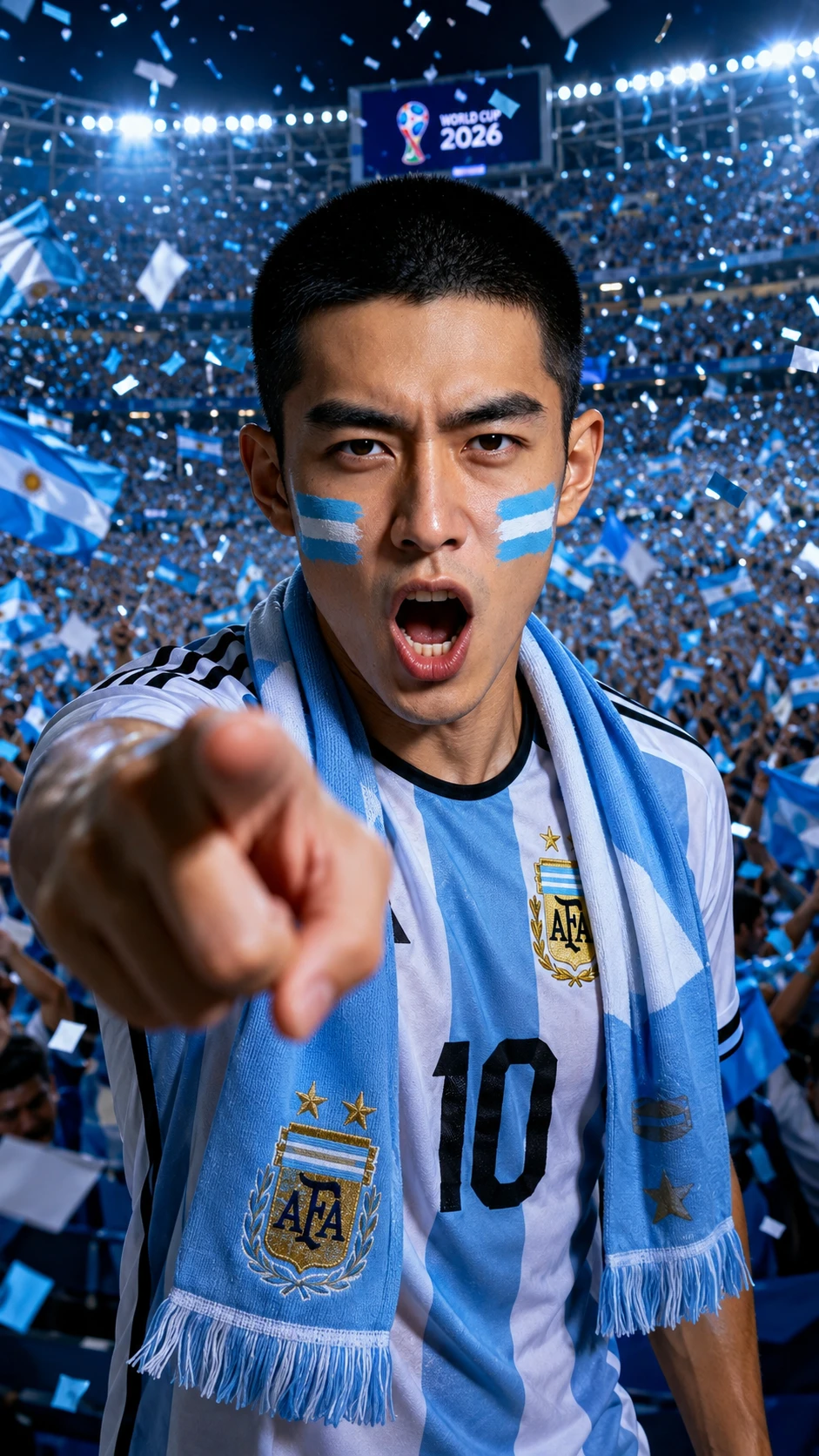AI-generated Argentina fan in stadium with face paint and jersey