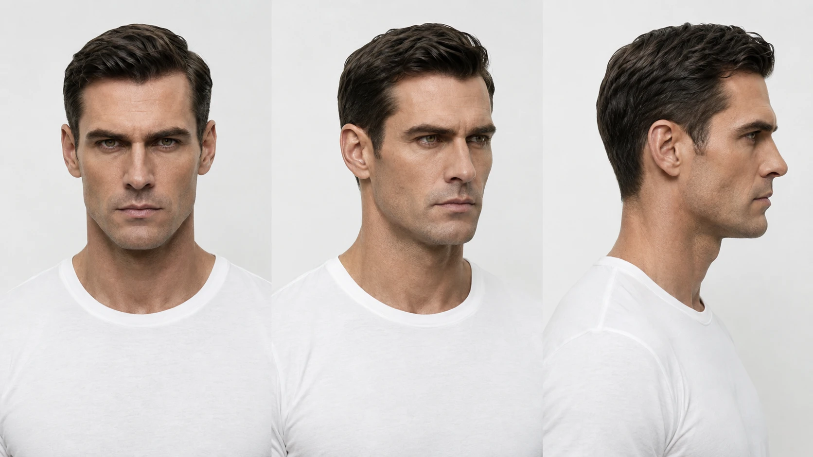 Identity sheet for the antagonist Doran — the same face from the front, three-quarter and profile