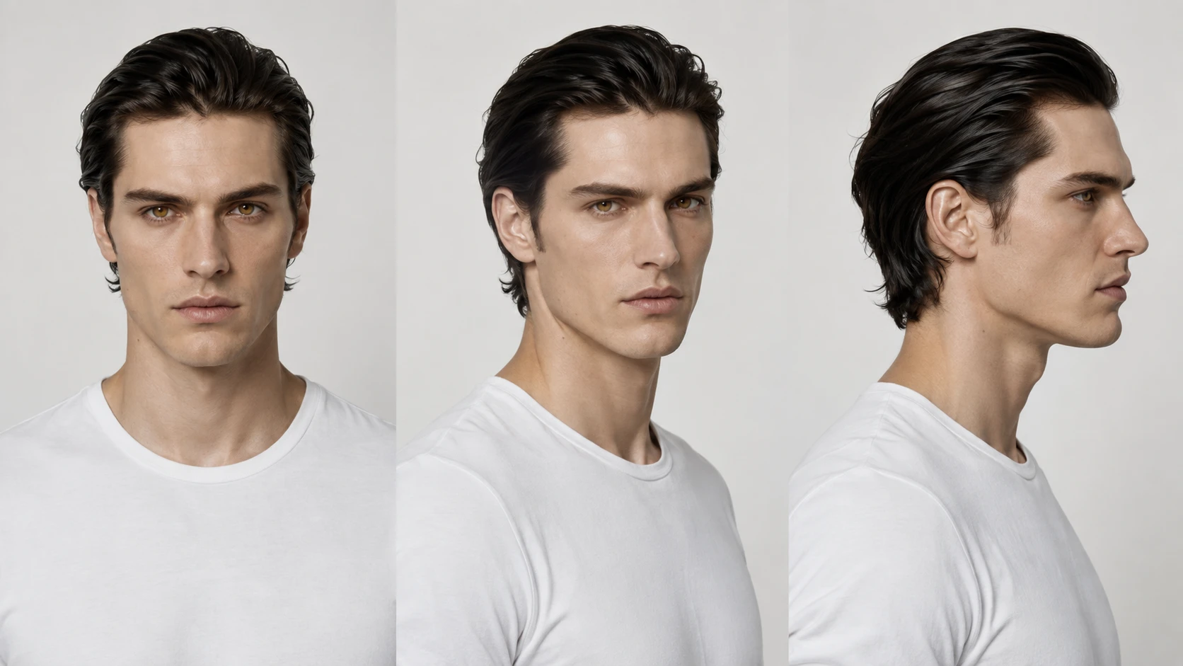 Identity sheet for the male lead Kael — the same face from the front, three-quarter and profile