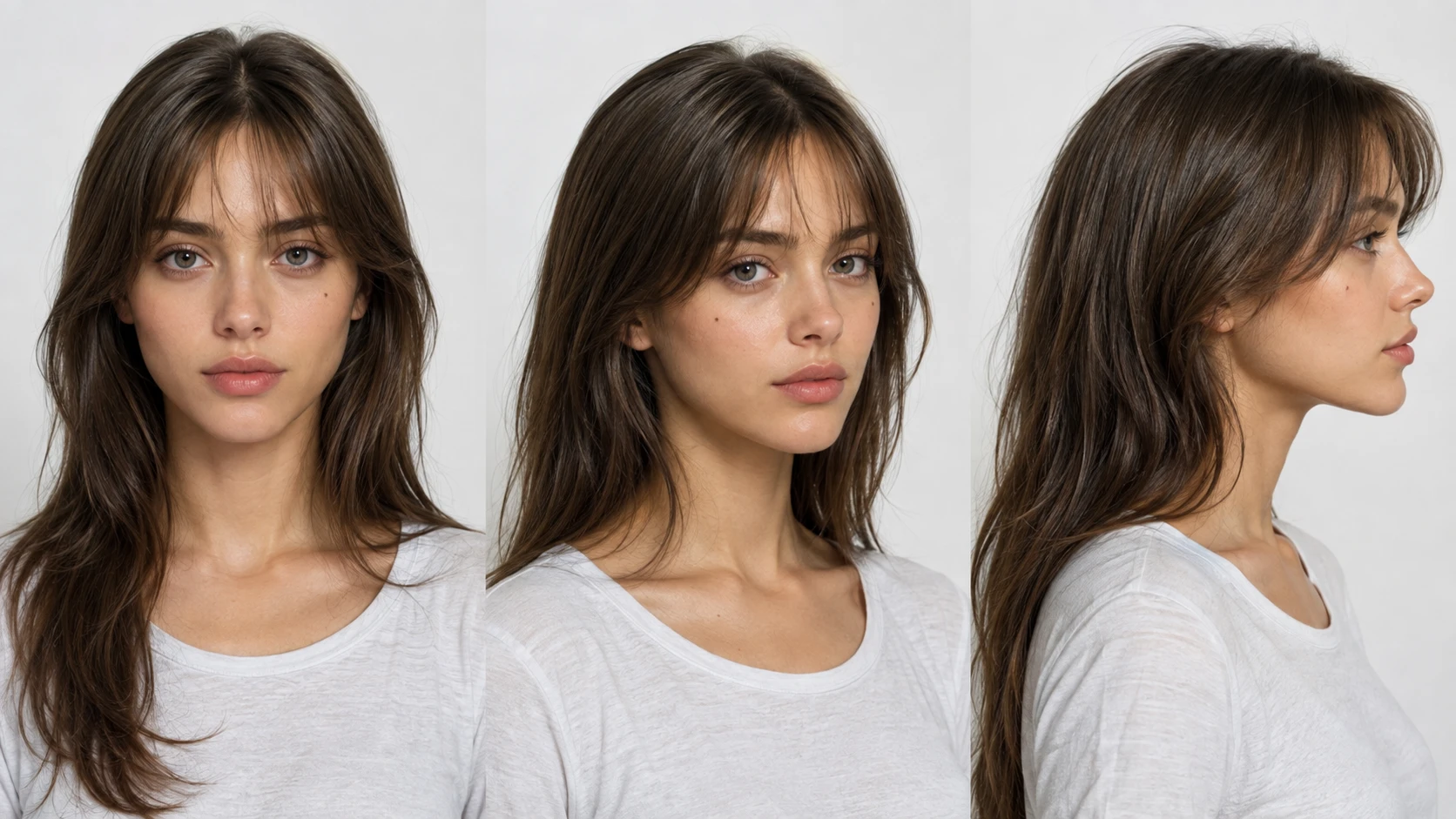 Identity sheet for the series lead Lena Cai — the same face from the front, three-quarter and profile