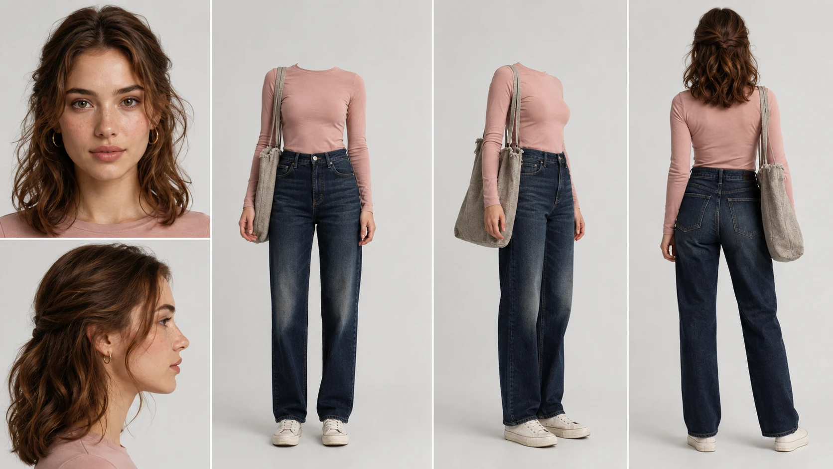 Wardrobe sheet for Mara Cai — her face plus the everyday harbor look from the front, side and back