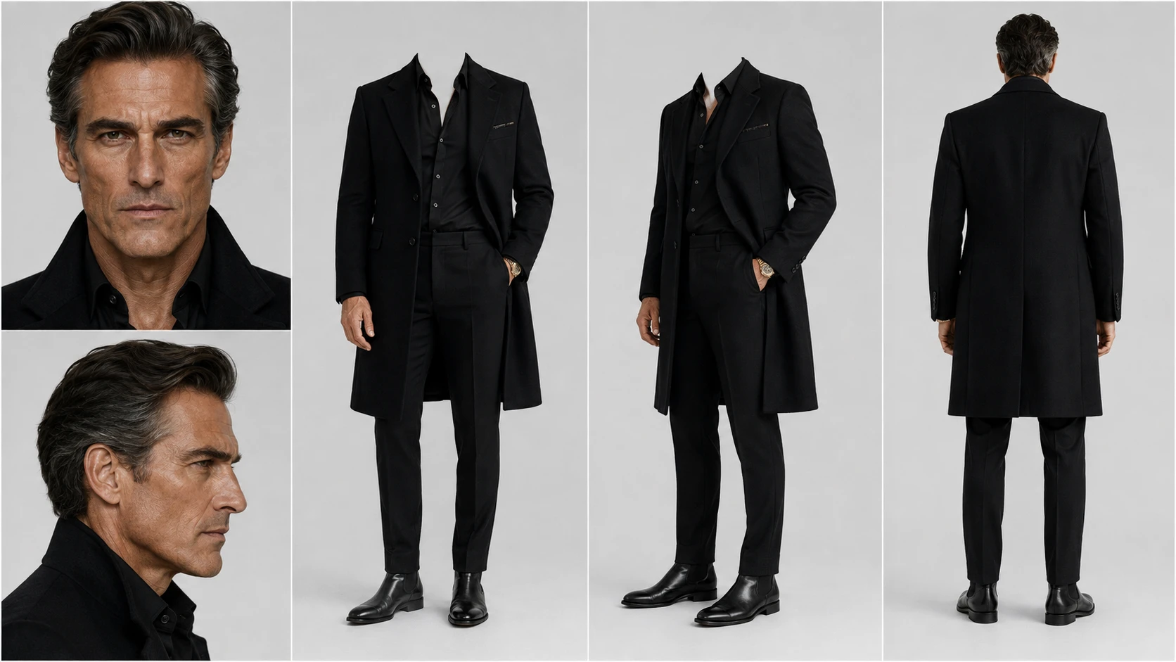 Wardrobe sheet for Rourke Vane — his face plus the black overcoat look from the front, side and back