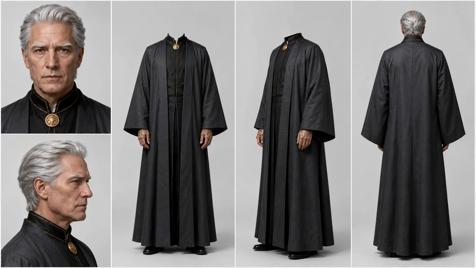 Wardrobe sheet for Shen Boliang — his face plus the ceremonial robe from the front, side and back