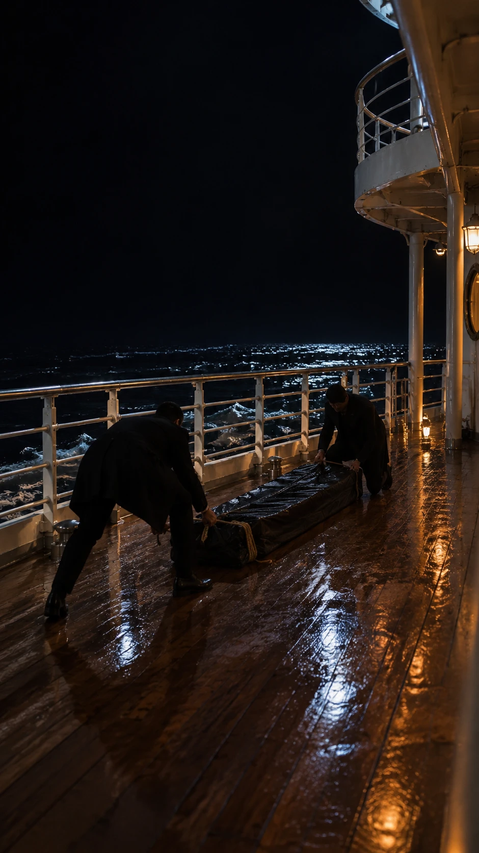 A storyboard keyframe from a drama series — two men in dark coats hauling a wrapped bundle across a wet ship deck at night