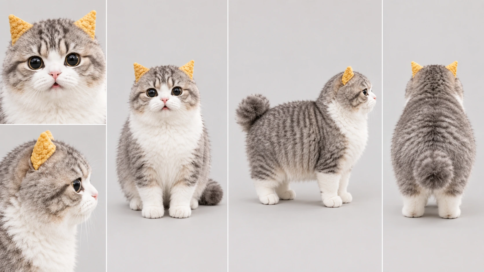 Bugle-ear kitten drawn from five angles — the reference sheet its episodes are rendered against