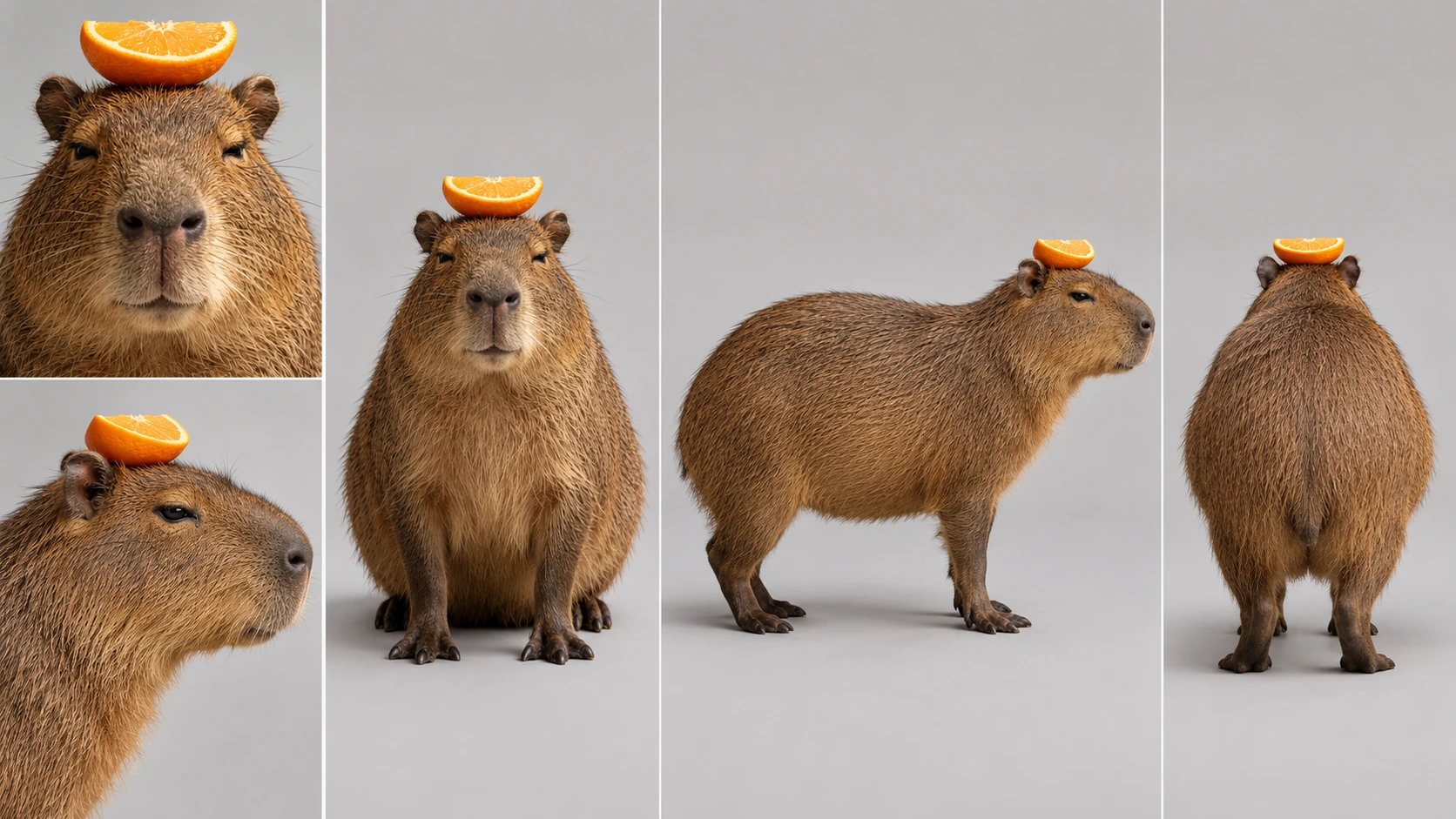 Capybara drawn from five angles — the reference sheet its episodes are rendered against