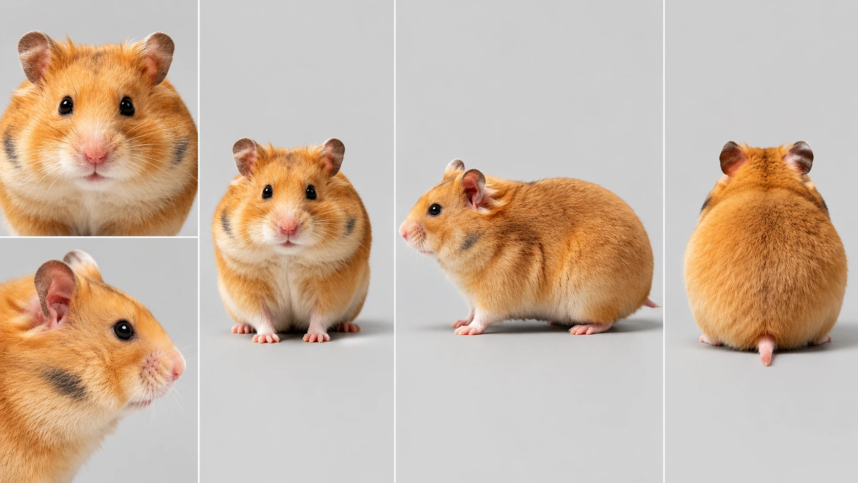 Hamster drawn from five angles — the reference sheet its episodes are rendered against