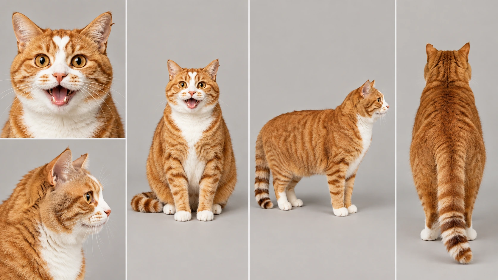 Orange tabby drawn from five angles — the reference sheet its episodes are rendered against
