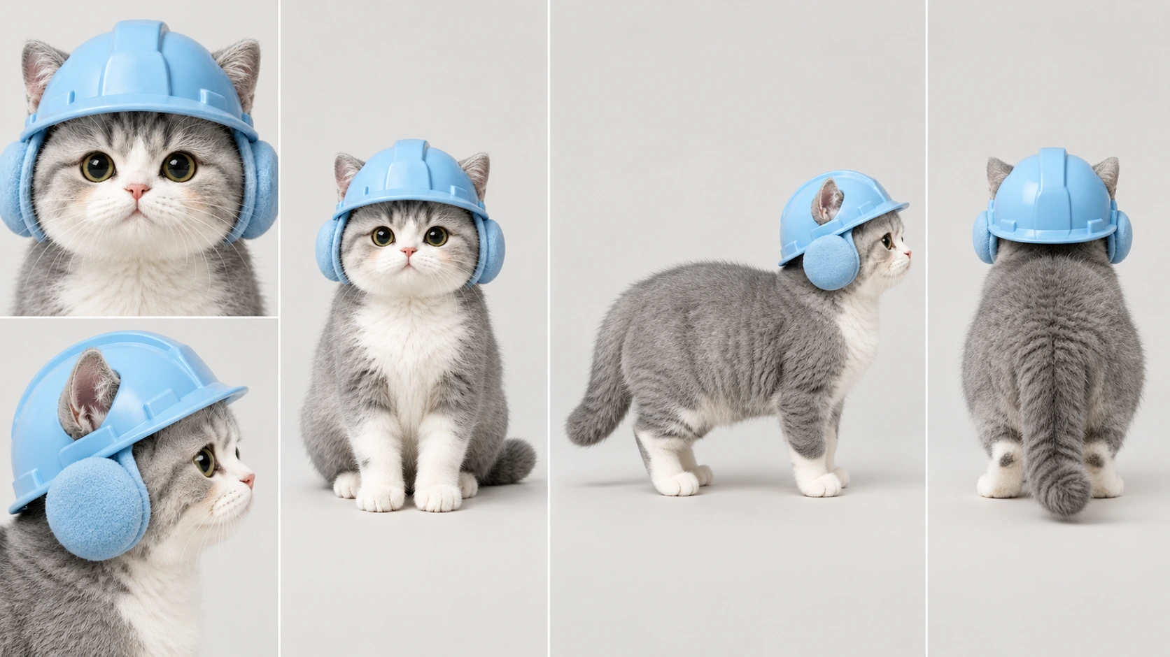 Hard-hat kitten drawn from five angles — the reference sheet its episodes are rendered against