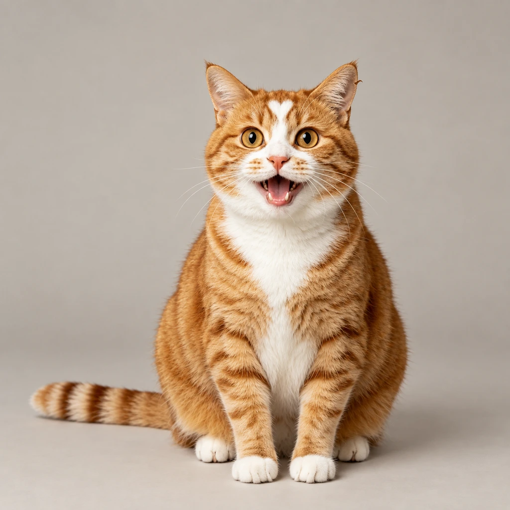 A round ginger cat with one white stripe down his forehead