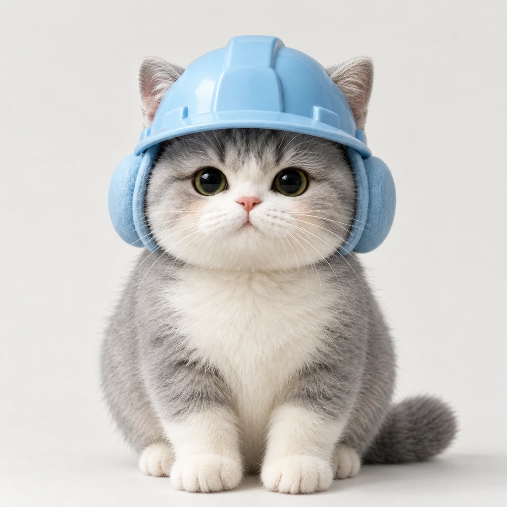 A working cat in a hard hat